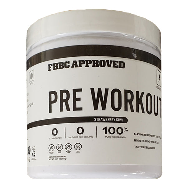 Caffeine-free pre workout powder in a container, ideal for boosting energy and focus during workouts.