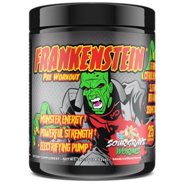 Frankenstein Power Surge pre workout powder in a shaker, highlighting energy boost and muscle pump benefits