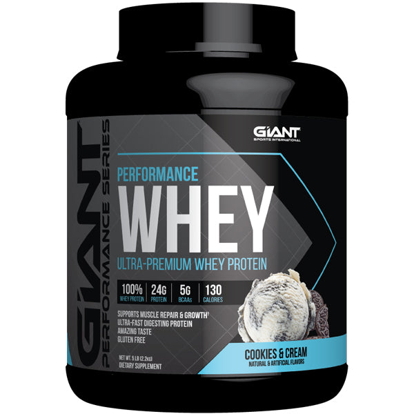 Giant Sports Natural Whey Protein with BCAAs, 5lbs container, showcasing its natural ingredients.