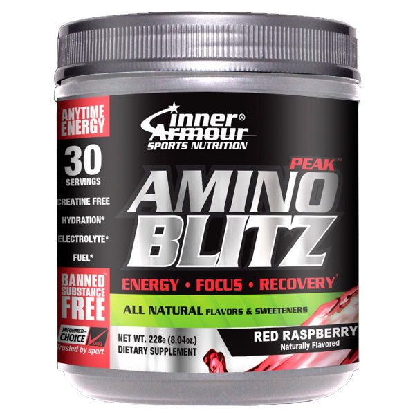 Close-up of Amino Blitz Peak showing the packaging with emphasis on its BCAA ratio and electrolyte content.