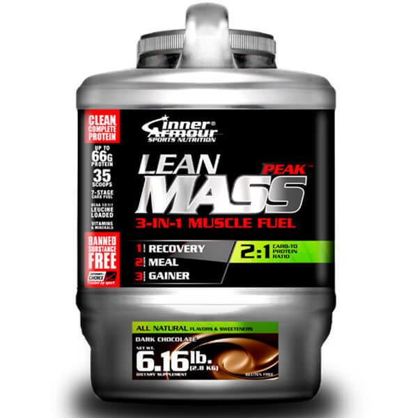 Lean Mass Peak Protein Powder on a gym bench, ready for post workout use.