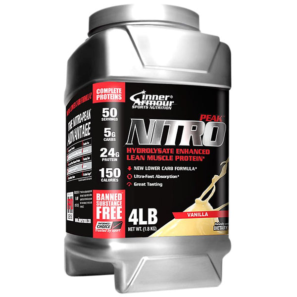 Inner Armour Nitro Peak hydrolysate protein powder container close-up for muscle gain