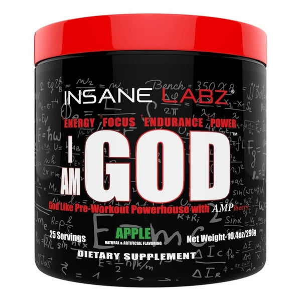 Front view of Insane Labz I Am God Pre-Workout showcasing its vibrant packaging and label.