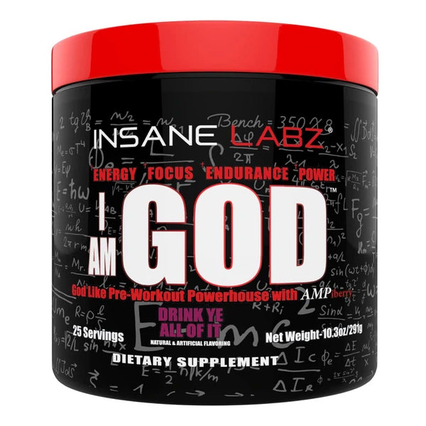 Close-up of the Insane Labz I Am God Pre-Workout powder in a scoop, emphasizing its texture and color.