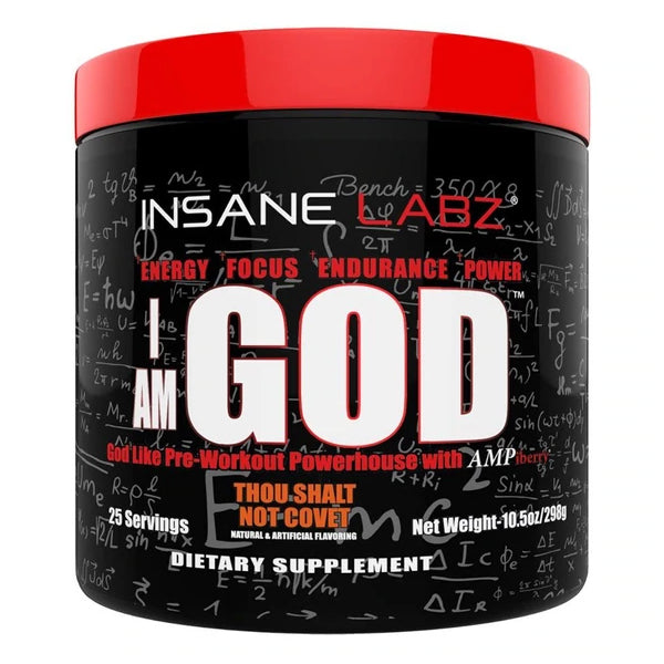 Front view of Insane Labz I Am God Pre-Workout showcasing its vibrant packaging and label.