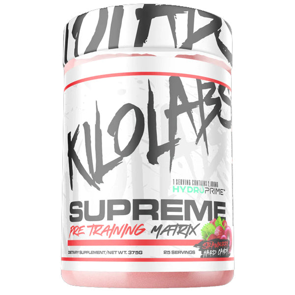 Front view of Kilo Labs Supreme Pre Workout tub showing label and serving size