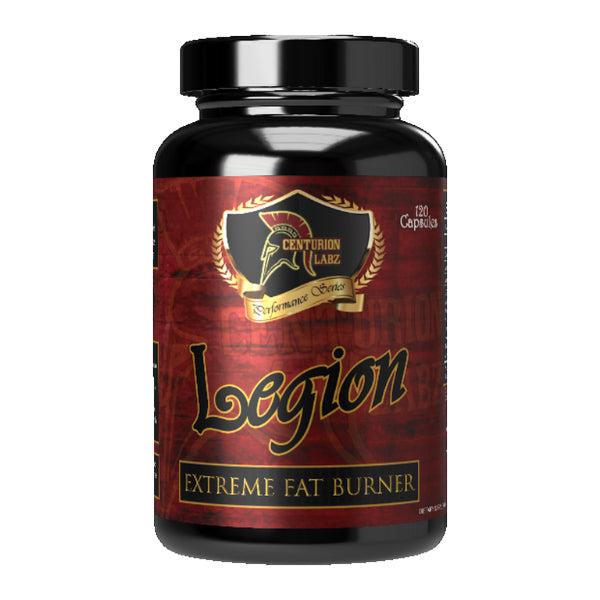 Centurion Labz Legion Extreme thermogenic capsules in bottle on gym bench