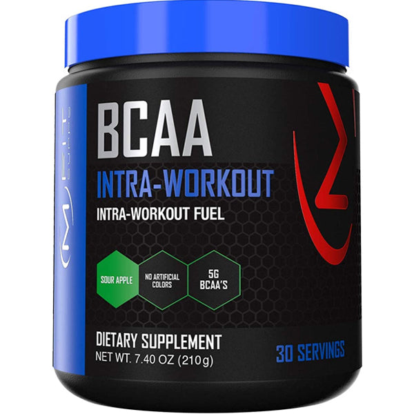 Close-up of MFit Supps BCAA intra-workout powder container, highlighting the flavor and ingredients for muscle recovery.