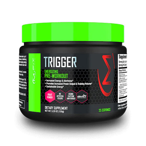 MFit Supps Trigger pre-workout powder in a shaker for athletes