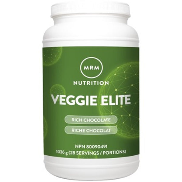 Close-up of MRM Veggie Elite plant-based protein powder scoop on a kitchen counter