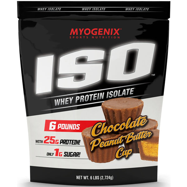 Container of Myogenix ISO whey protein isolate 6lbs with label detail
