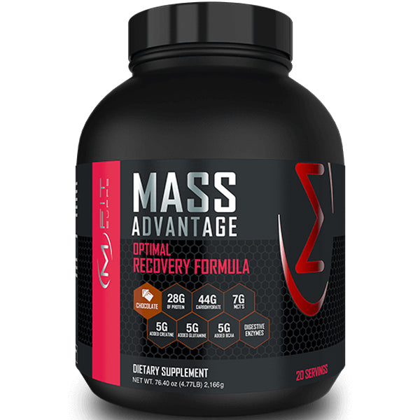 Mass Advantage Elite Recovery Blend showcasing its sleek packaging and premium ingredients, ideal for muscle recovery.
