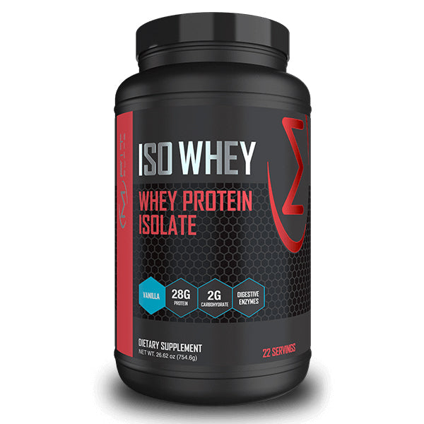 PureFuel Iso Whey Protein container showing the label and nutritional information, ideal for muscle gain.