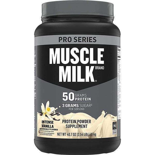 Close-up of Muscle Milk Pro Series protein powder container highlighting its muscle recovery benefits.
