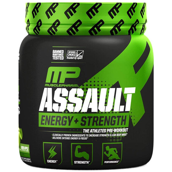 MusclePharm Assault Energy & Strength Booster in a gym setting, showcasing its vibrant packaging.
