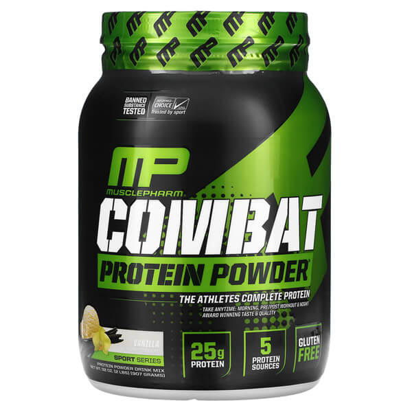 MusclePharm Combat Protein Powder in a shaker, showcasing its easy mixability and rich flavor.