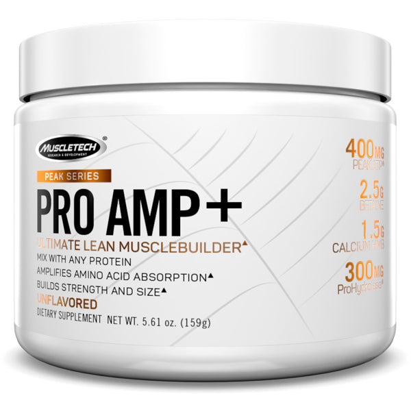 Muscletech Peak Series Pro Amp+ Muscle Builder bottle showcasing its premium formulation for muscle growth.