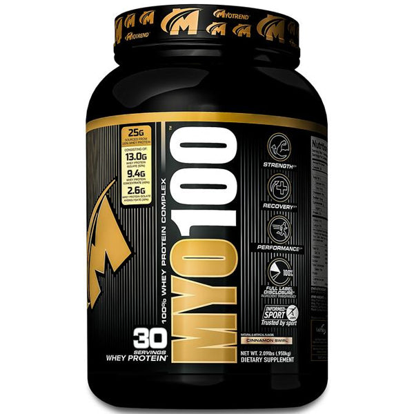 MyoTrend Myo100 whey protein complex jar showcasing high-quality ingredients for muscle gain