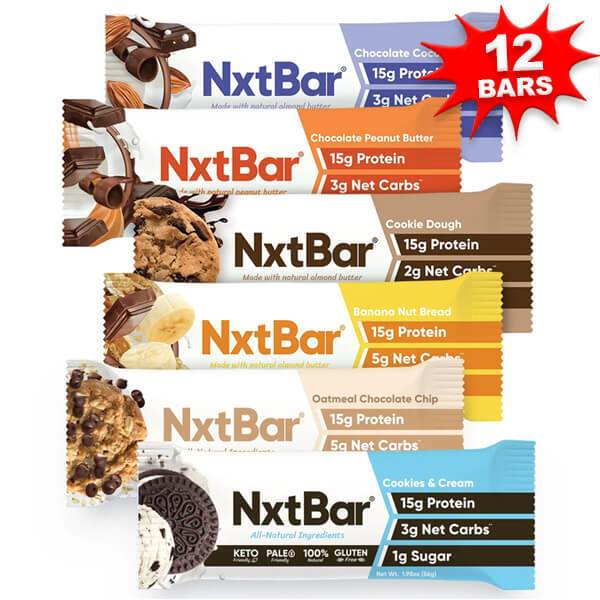 NxtBar Ultra Clean Protein Bars variety pack showing multiple flavors, ideal for keto diet and healthy snacking.