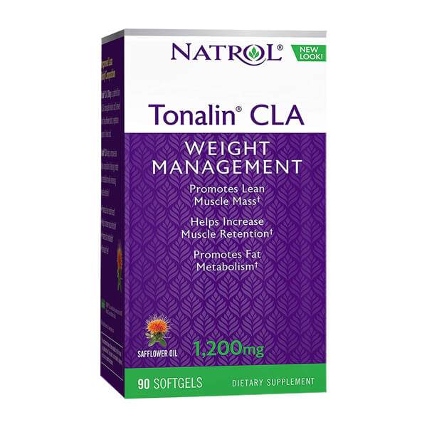 Tonalin CLA 1200mg softgels bottle on a kitchen counter, showcasing effective weight management benefits.