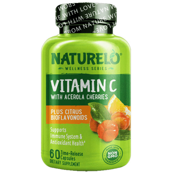 A close-up of Naturelo Vitamin C capsules showing the plant-based ingredients.
