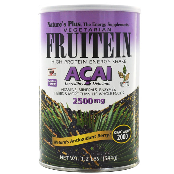 Close-up of Natures Plus Fruitein plant-based protein shake ingredients