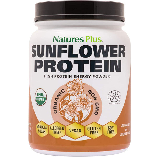 Organic sunflower protein powder scoop on a wooden table, promoting muscle growth and healthy weight loss