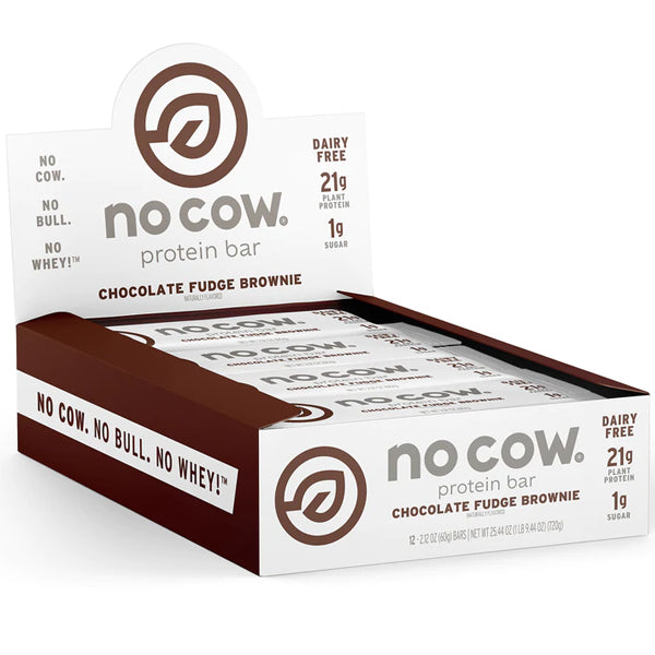No Cow Dairy-Free Protein Bars 12 Pack displayed on a wooden table, ideal for outdoor adventures