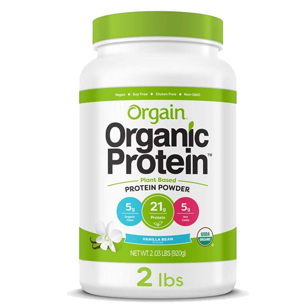 Purely Plant Protein powder in a scoop, showcasing its fine texture and organic ingredients.