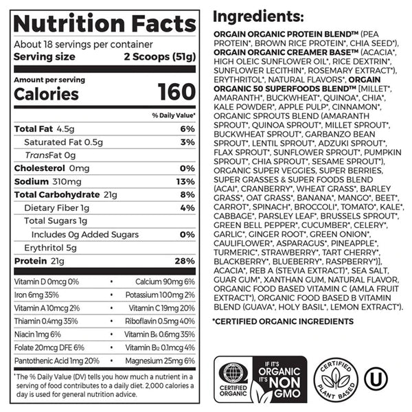 Close-up of the organic vegan protein powder scoop with superfoods visible
