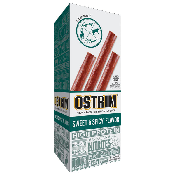 Ostrim meat sticks on a wooden cutting board, showcasing their natural ingredients.