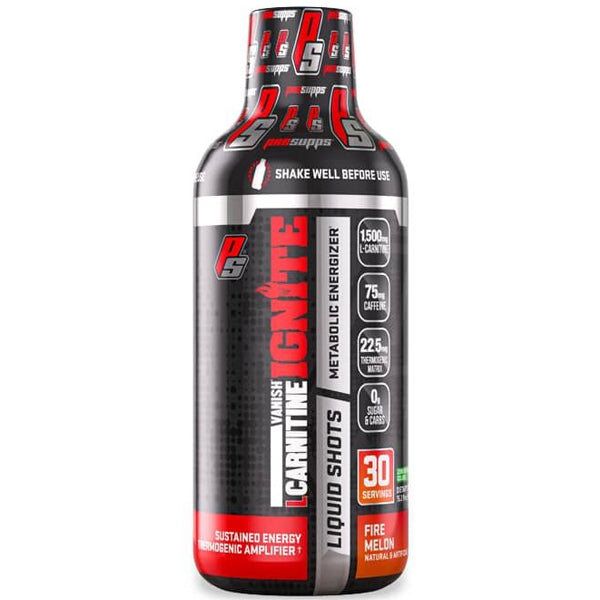 Close-up of Vanish Ignite L-Carnitine bottle highlighting the caffeine content and fat-burning benefits.