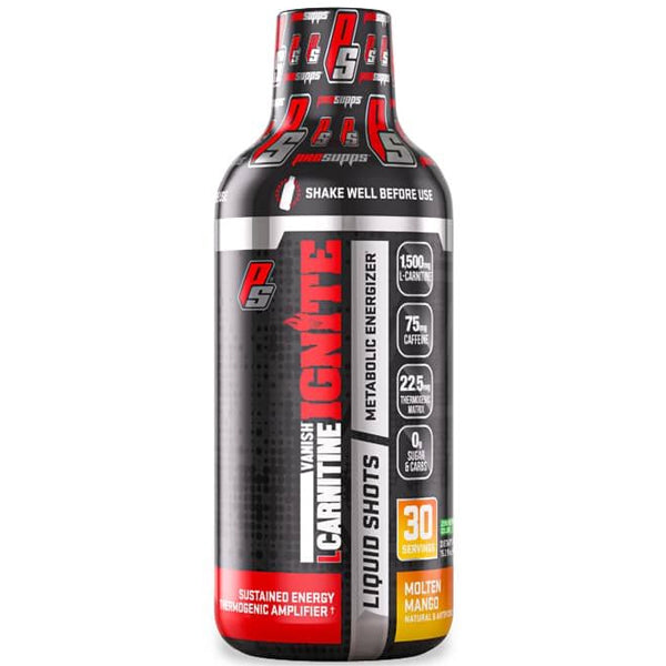 Vanish Ignite L-Carnitine liquid shot with a focus on its thermogenic properties and energy boost.
