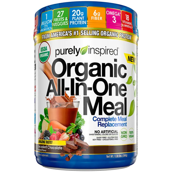 Front angle of PureVibe Organic Shake tub showing product label and ingredients