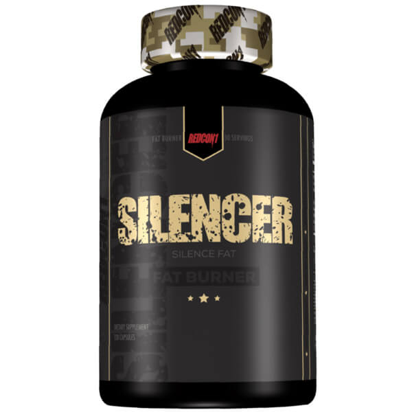 Redcon1 Silencer Stim-Free Fat Burner bottle on a fitness desk, emphasizing non-stimulant fat burning benefits
