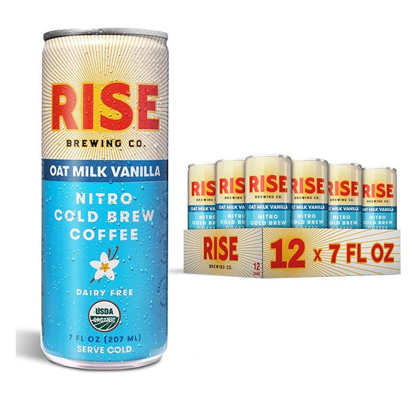 Close-up of RISE Organic Oat Milk Nitro Cold Brew Latte in a recyclable can, showcasing its creamy texture.