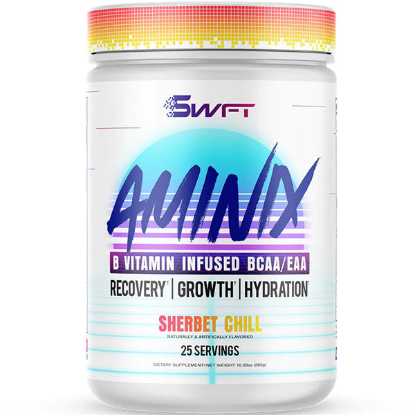 Close-up of SWFT Aminix BCAA & EAA powder in a container highlighting ingredients