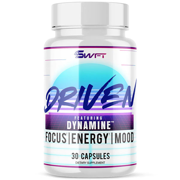 Dynamine focus capsules in a clear bottle with vibrant labels, showcasing energy and mood benefits.