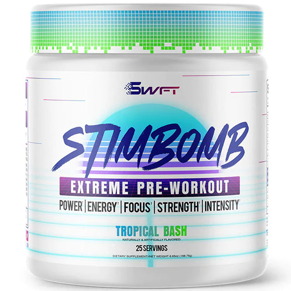 Close-up of SWFT Stimbomb Extreme pre-workout powder in a jar, highlighting its premium quality