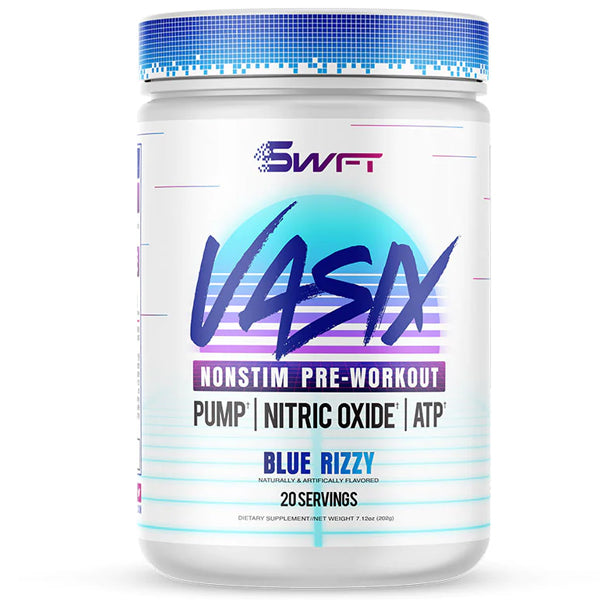 Front angle of SWFT Vasix tub showing label: top rated pump supplement without caffeine