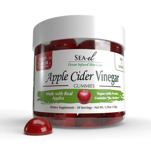 Vegan apple cider vinegar gummies with mother on a white background