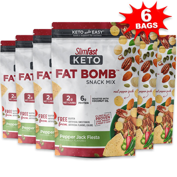 Close-up of SlimFast Keto Fiesta Snack Mix showcasing the nuts and cheese blend
