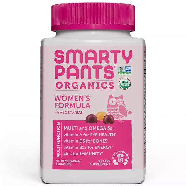 Smarty Pants organic women's multivitamin gummies in a bright jar, supporting overall health
