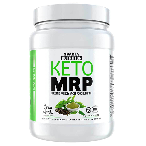 Sparta Keto MRP green matcha flavor powder in a sleek container, ideal for keto meal replacement.