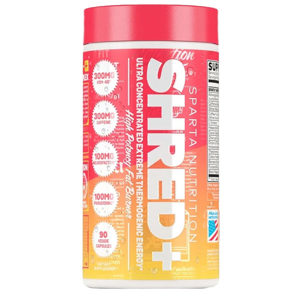 Front view of Sparta Shred+ capsules bottle showing premium thermogenic formula for weight loss