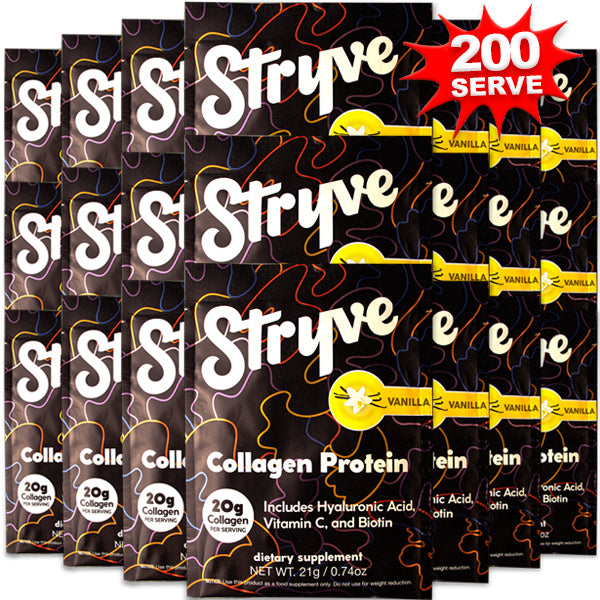 Stryve Premium Collagen Protein Singles pack showcasing the natural ingredients and nutrition facts.