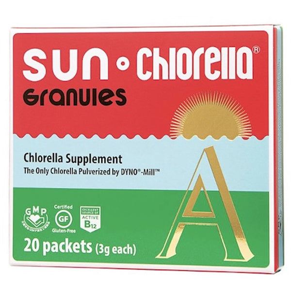 Sun Chlorella Superfood Granules in a stick pack, perfect for on-the-go energy boosts.