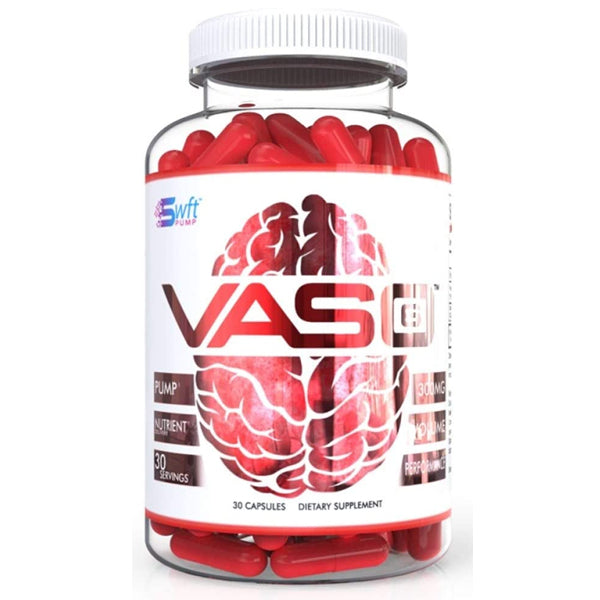 Vaso6 Nitric Oxide Booster Capsules displayed on a gym equipment bench, highlighting its muscle pump benefits.