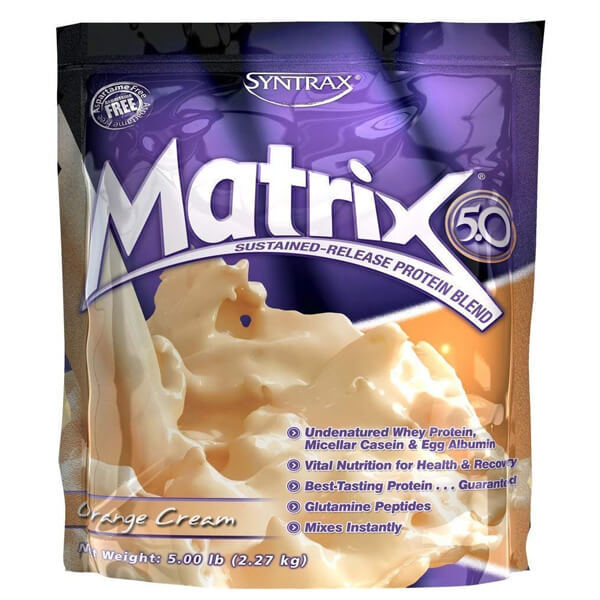 Syntrax Matrix Protein Blend container with scoop showing high-quality whey and casein ingredients