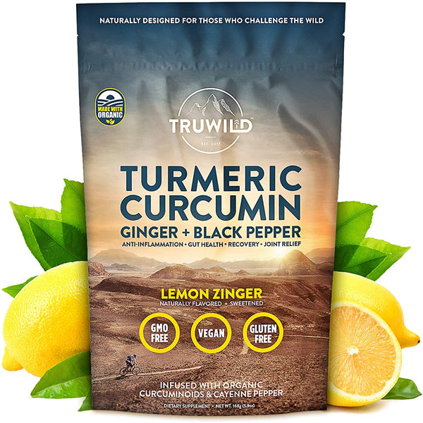 Front view of Truwild Recovery+ bottle showing organic turmeric curcumin capsules